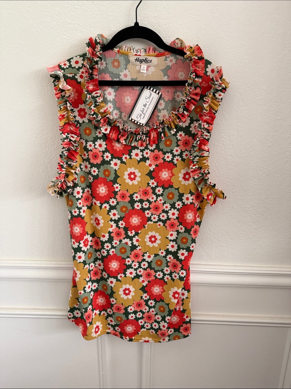 Haptics Floral Ruffle Tank Top - Coral, Mustard & Green